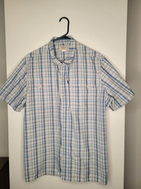 L.L.Bean XL Blue White Plaid Fishing Shirt Outdoor Short Sleeve Button Up